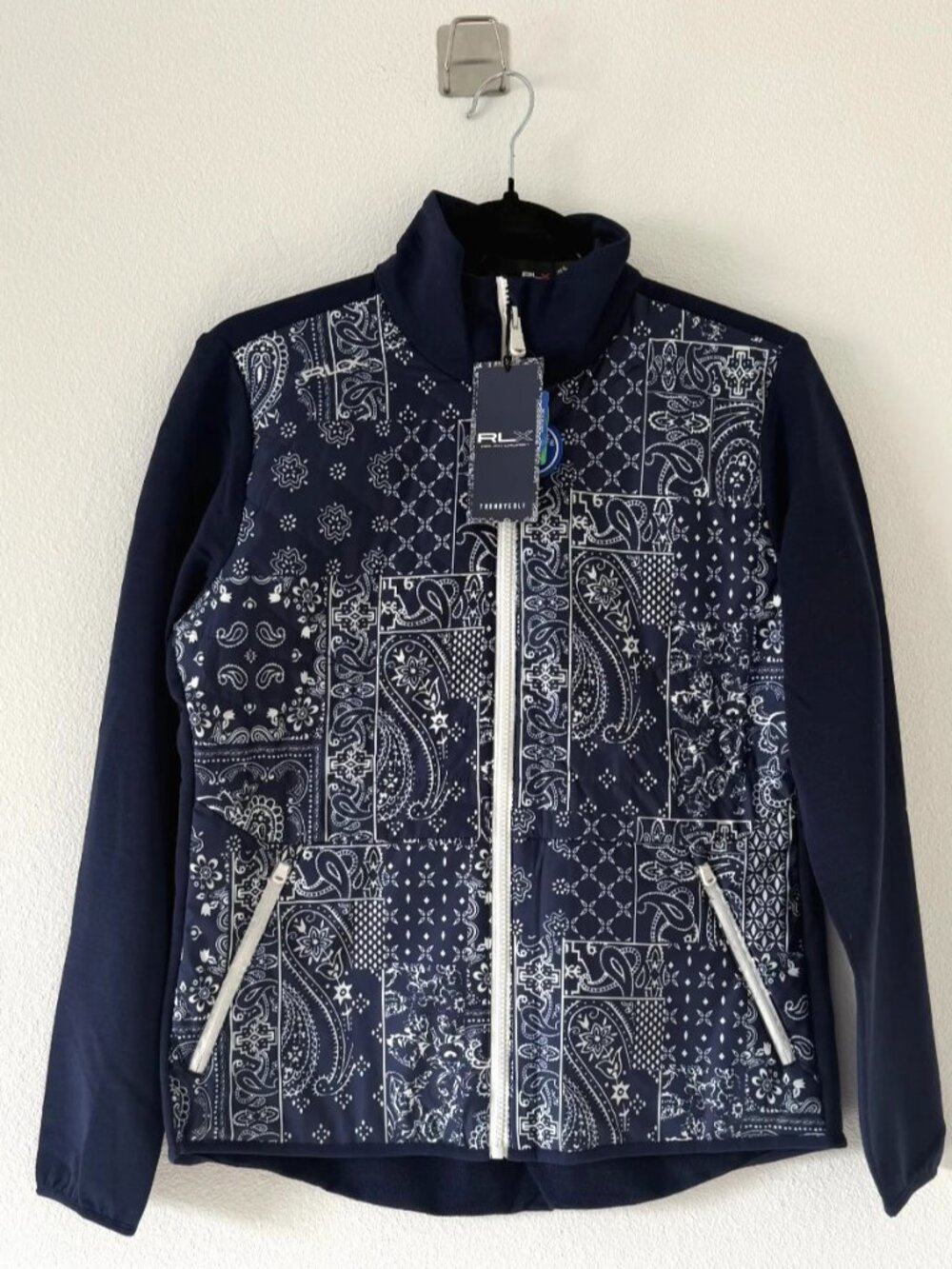 RLX Ralph Lauren Golf Women's Hybrid Jacket Wool Blend Bandana Navy White S NWT